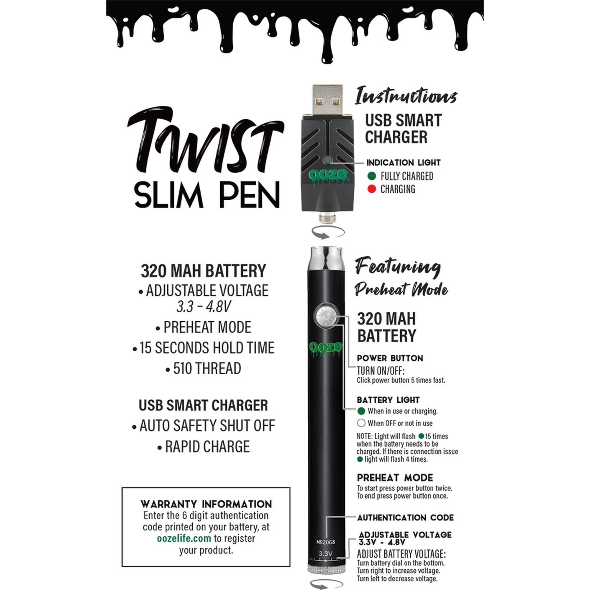 Ooze Slim Pen Twist Battery 320 mAh + Smart USB -  BLACK - Ock Online